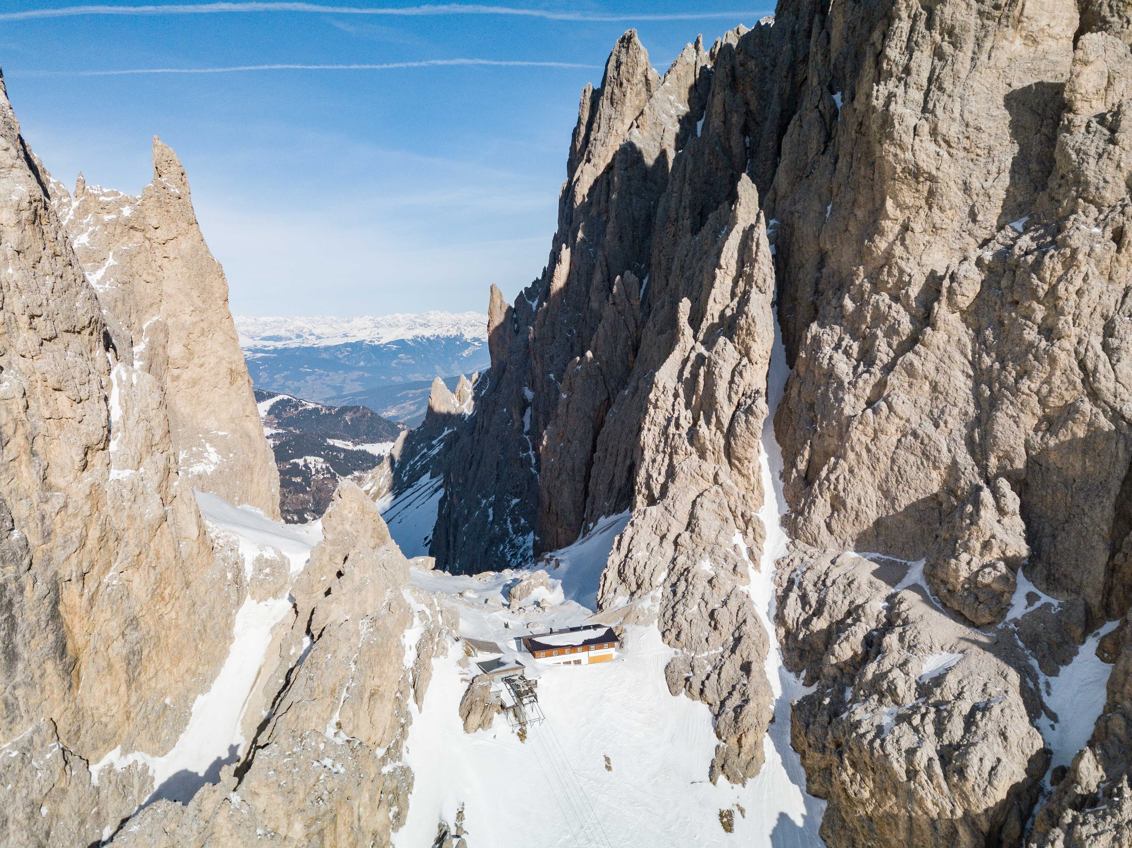 Sassolungo (Langkofel) refuge and its cable car closed in the winter time, Val di Fassa