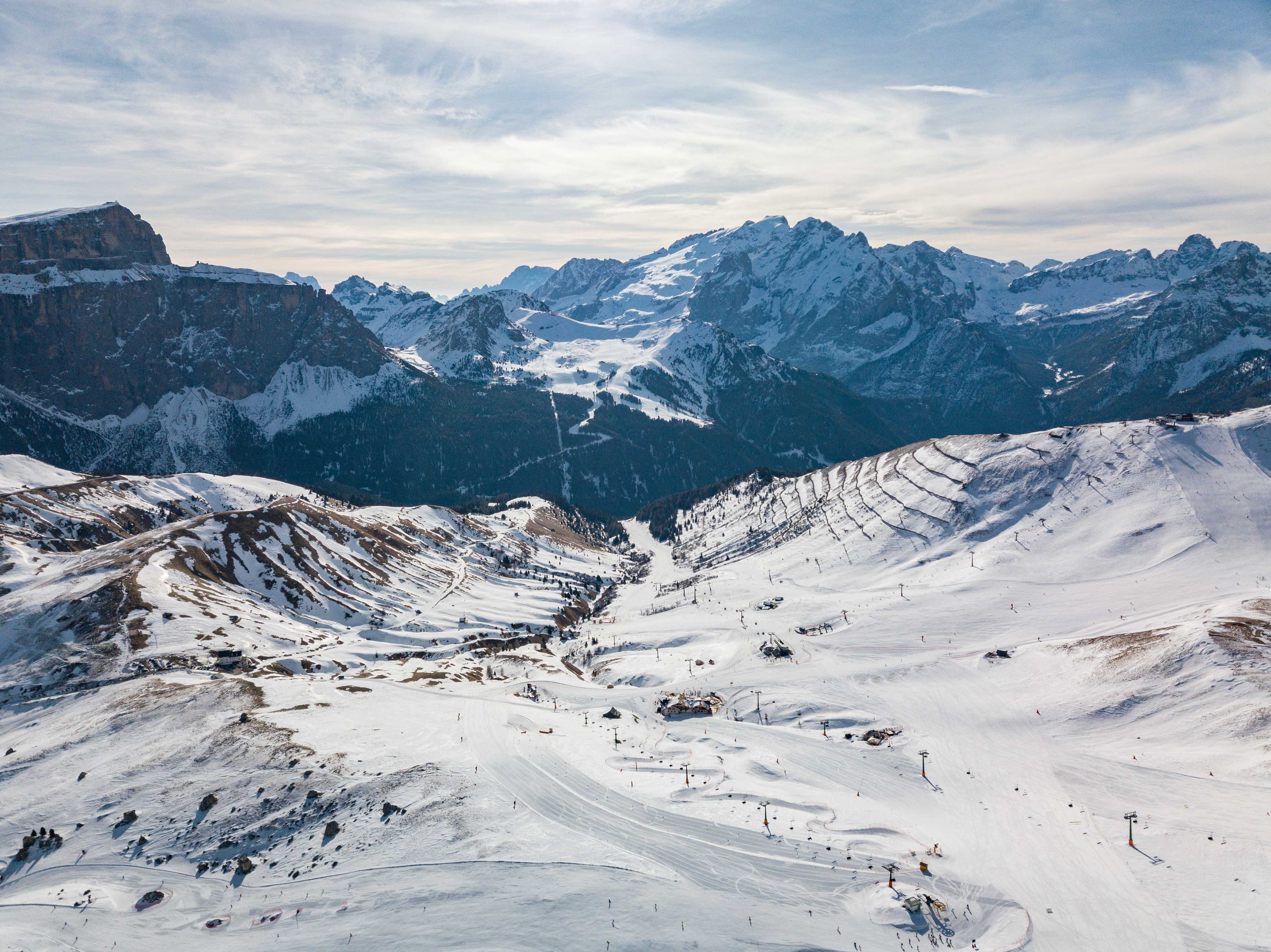 Slopes down to Pian Frataces and Belvedere in the background, Val di Fassa