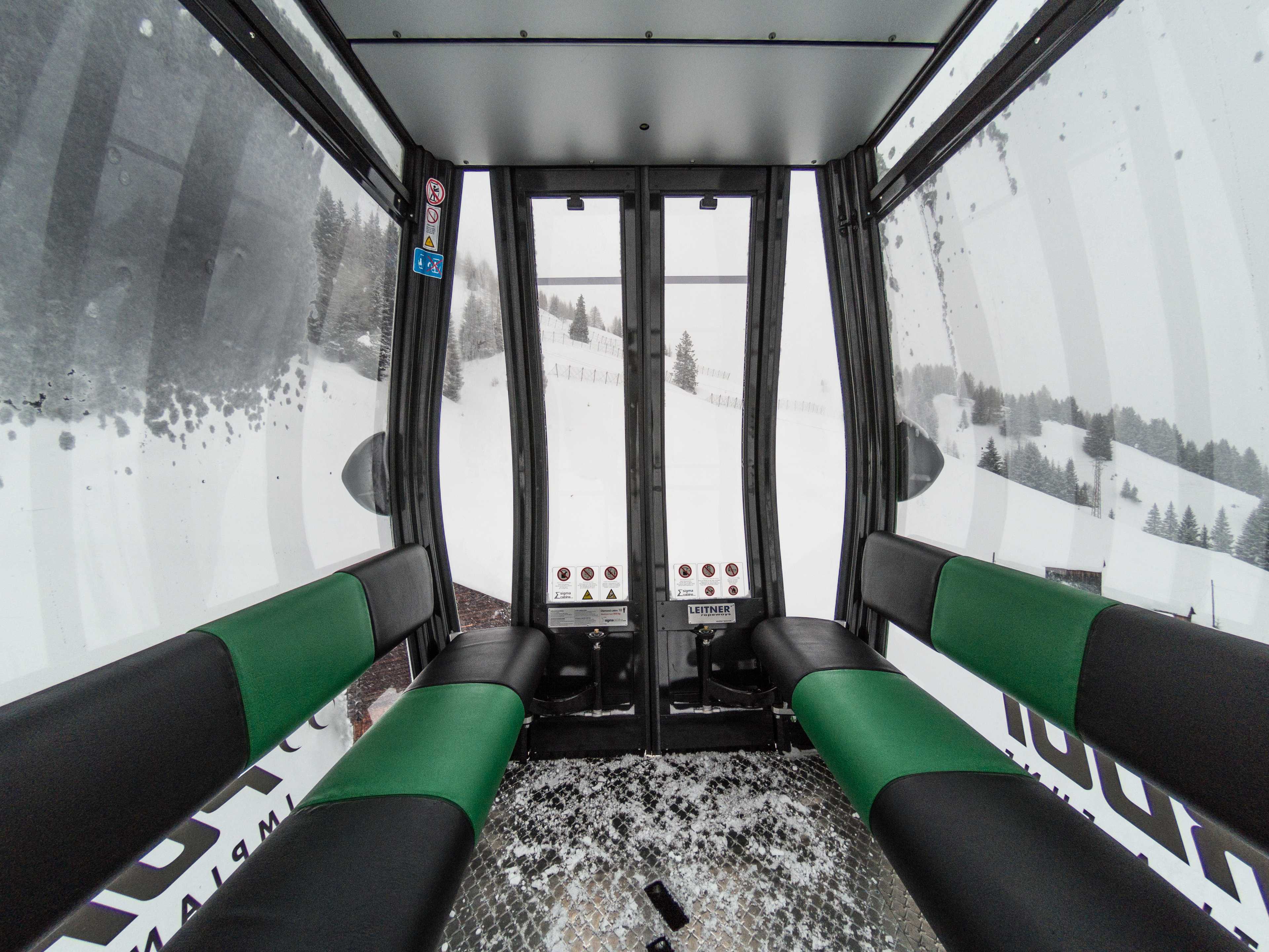 Comfy cabins of the Fodom gondola lift, Val di Fassa