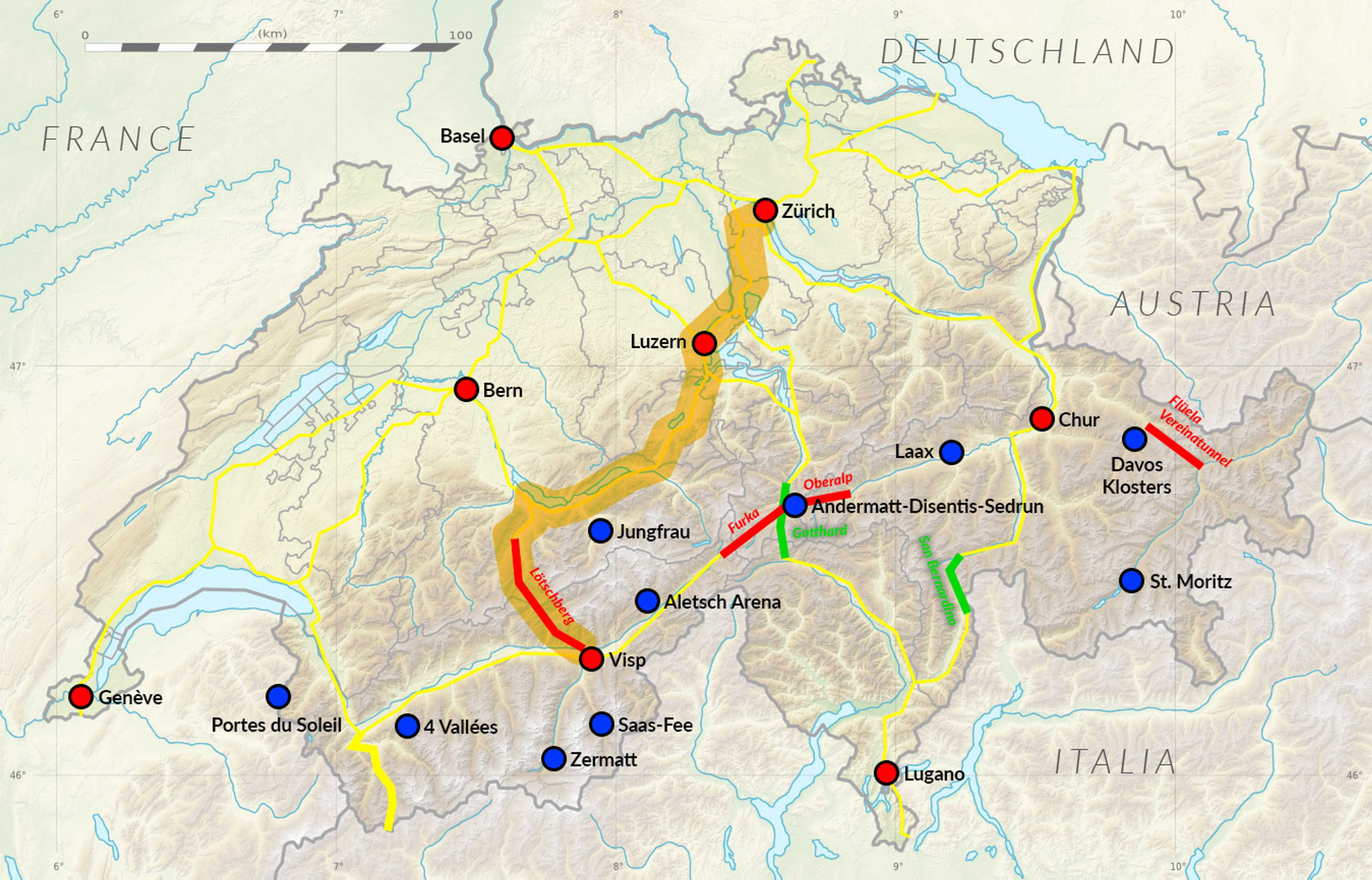 Zürich-Visp, wariant 3: przez Lucernę i z transportem pociągiem tunelem Lötschberg