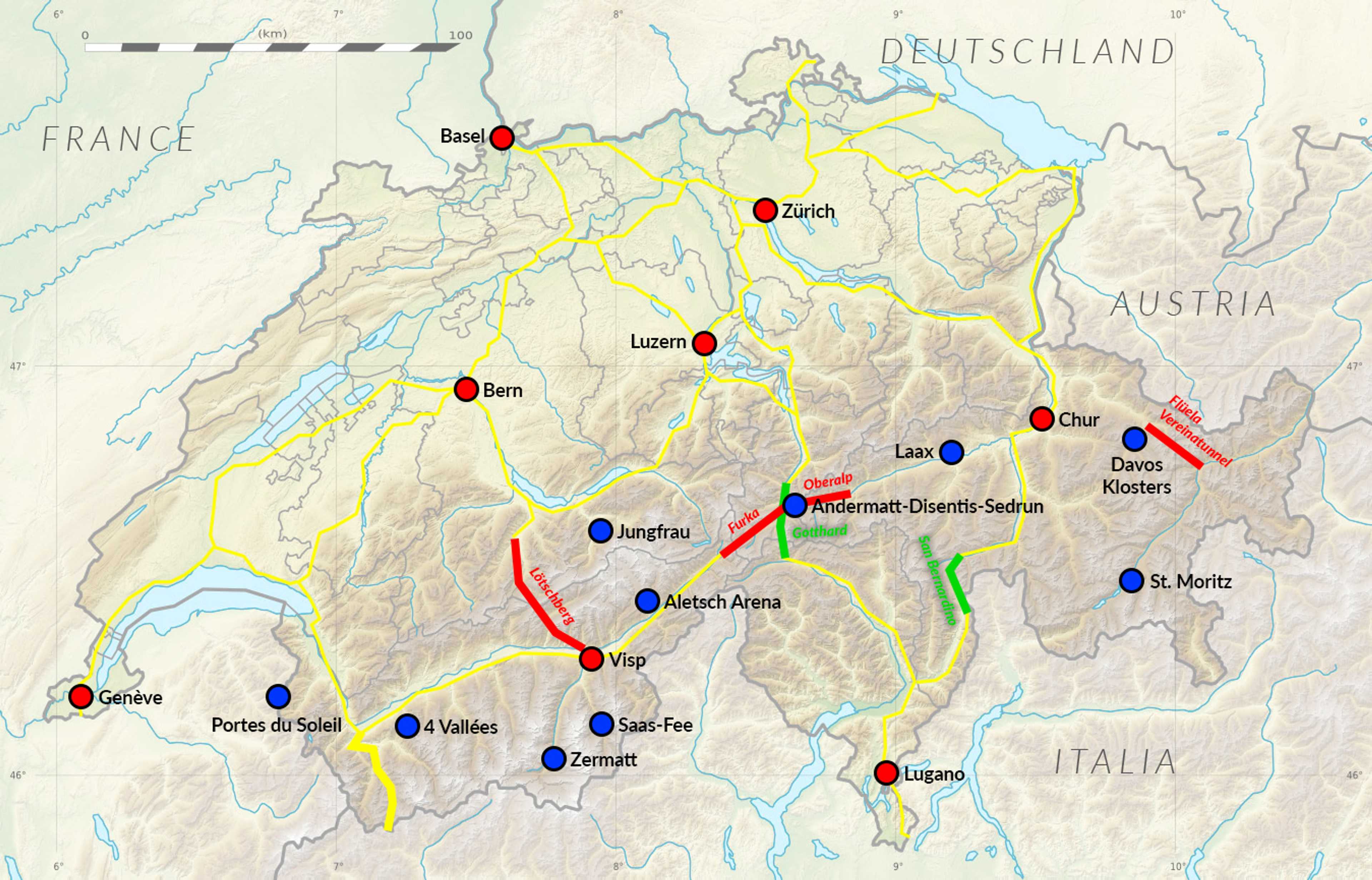 Orientacyjny schemat głównych dróg (żółte), tuneli samochodowych (zielone) i przepraw pociągiem (czerwone) w Szwajcarii